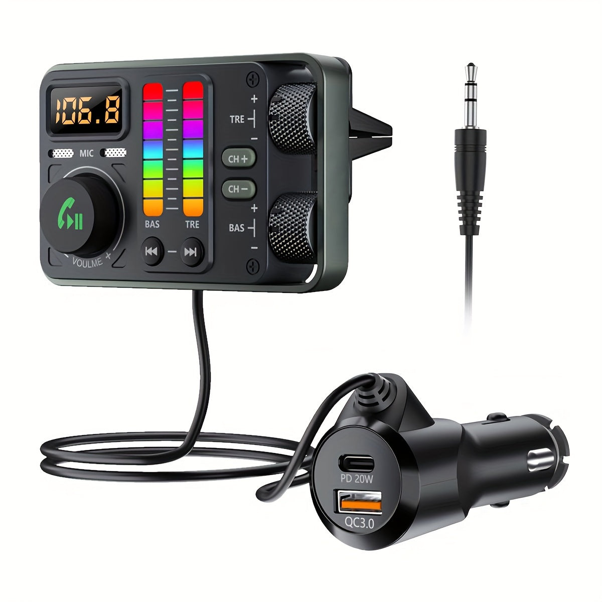 Wireless FM Transmitter with MP3 Player Fast Charging Hands-Free Calling Car Audio Adapter