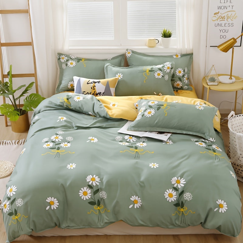 Daisy Print Duvet Cover Set with Pillowcases and Flat Sheet Polyester All-Season Bedroom Decor