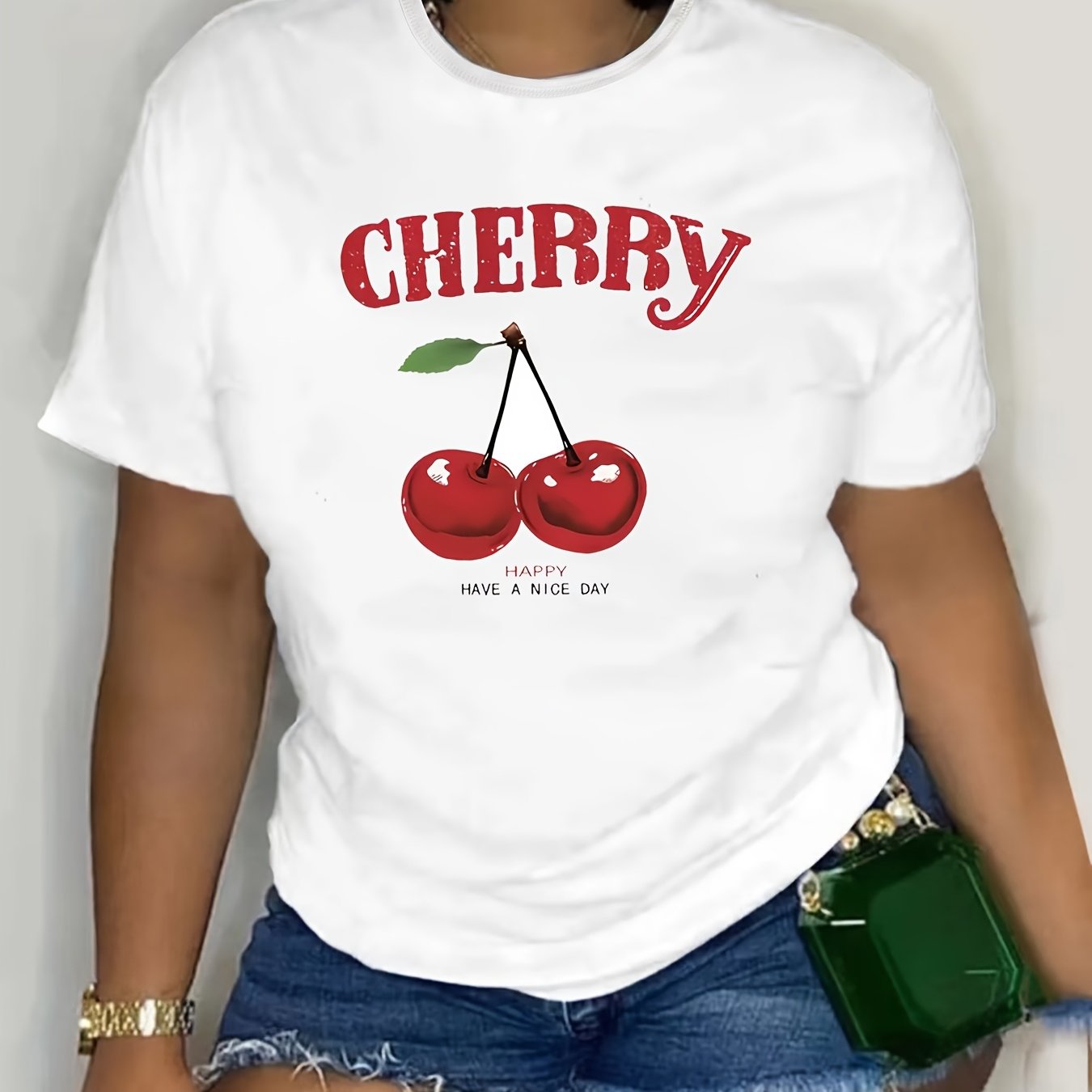 Women's Plus Size White Casual Sporty T-Shirt with Cherry Print