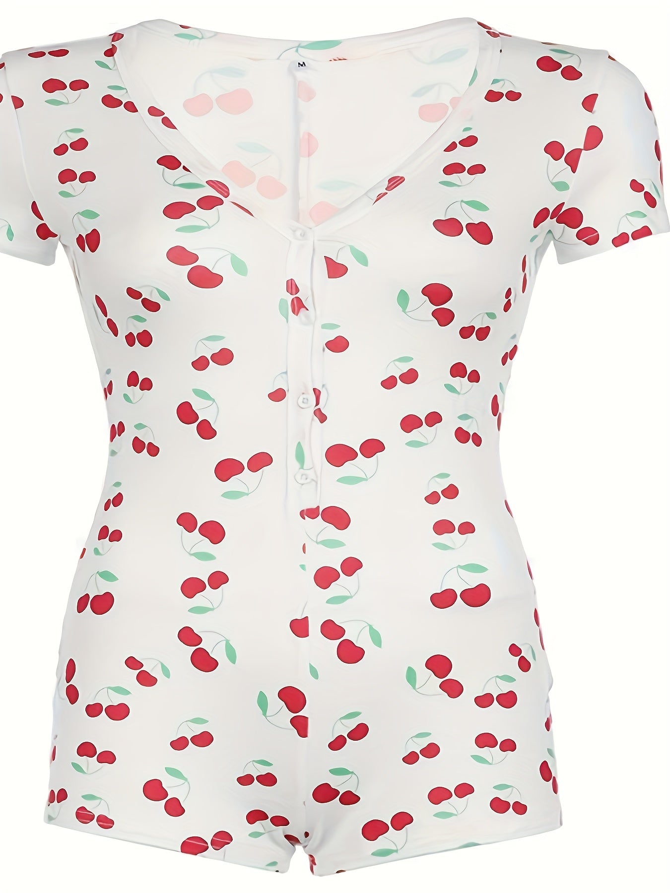 Plus Size Women's Cherry Print V-Neck Bodysuit Short Sleeve Pink Red Green