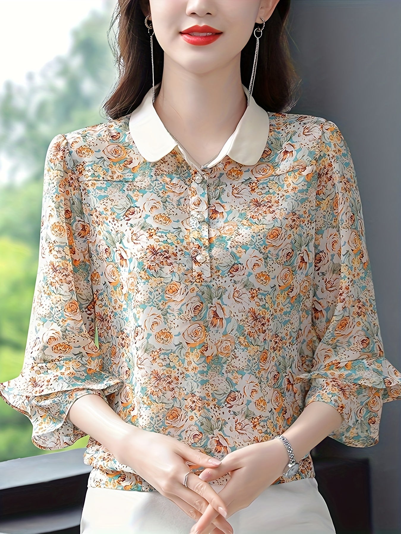 Plus Size Floral Print Blouse Elegant Collared Layered Three-Quarter Sleeve Top