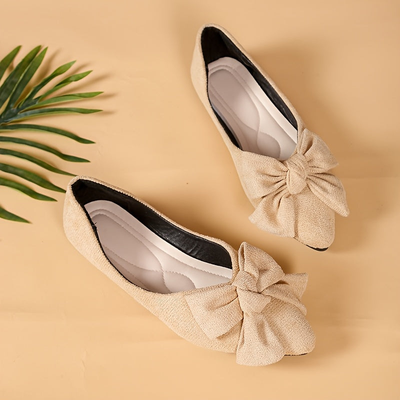 Women's Mary Jane Flats with Bow Detail - Pointed Toe Slip-On Comfortable Shoes