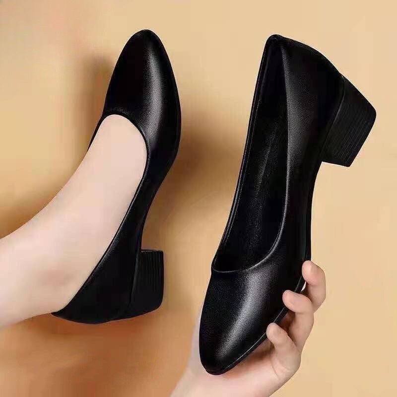 Women's Black TPU Mid-Heel Work Shoes Closed Toe All-Season Office Pumps