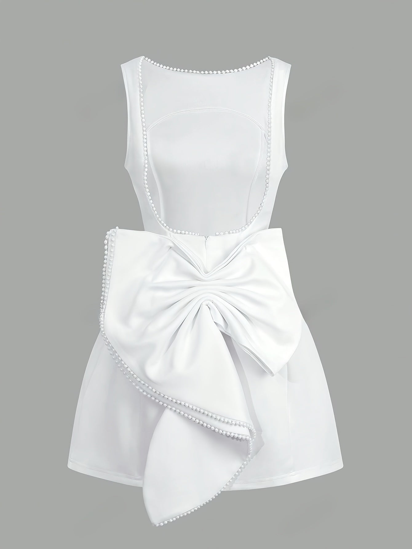 Plus Size Sleeveless Backless Evening Gown with Bow Faux Pearl Formal Dress