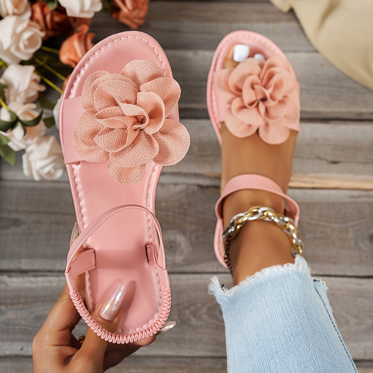 Women's Fashion Flat Strappy Sandals with Peony Flower Bohemian Beach Wear