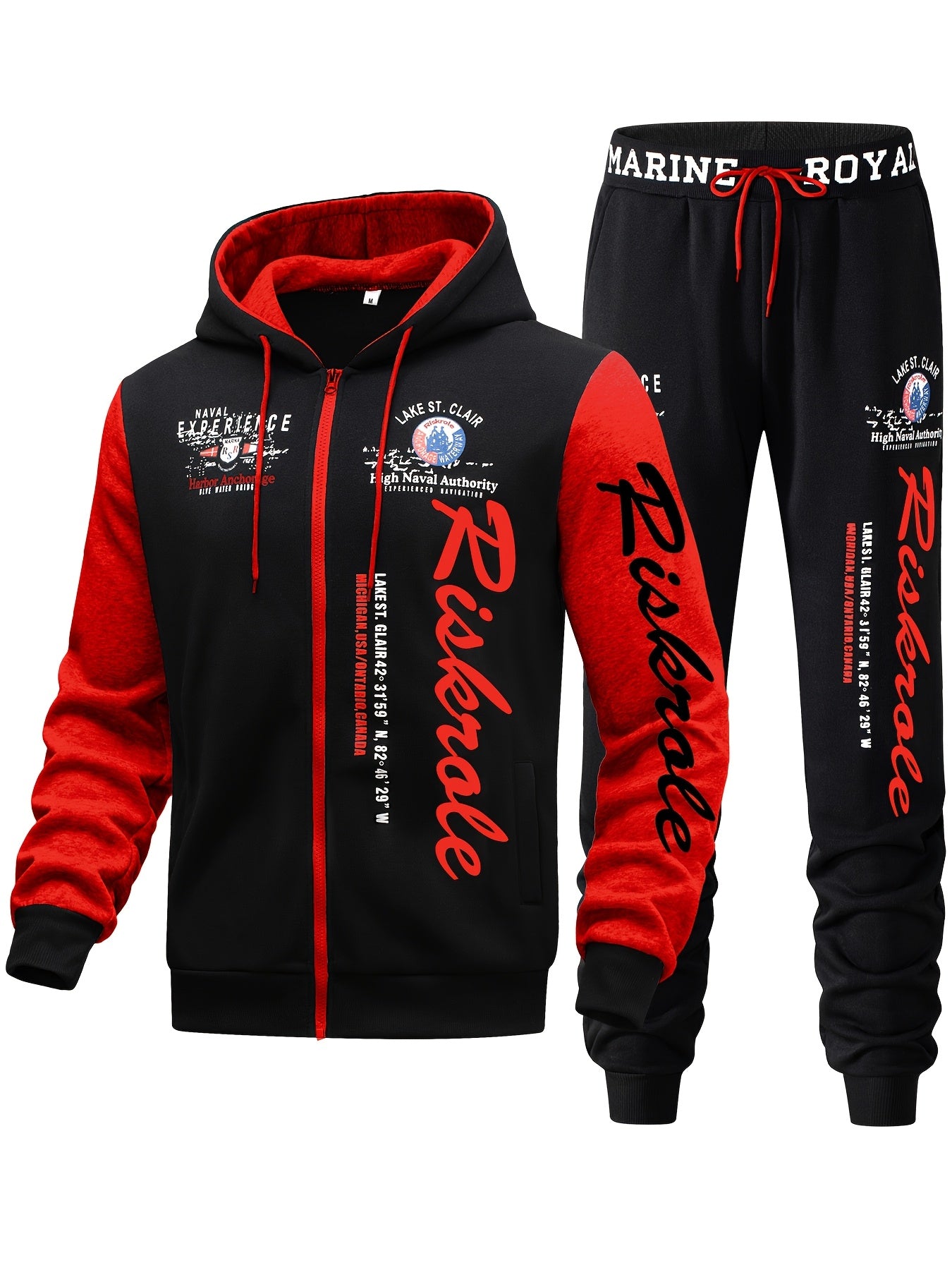 Conjunto deportivo casual para hombre, sudadera con capucha de poliéster y letras, con cremallera completa y pantalones con cintura elástica