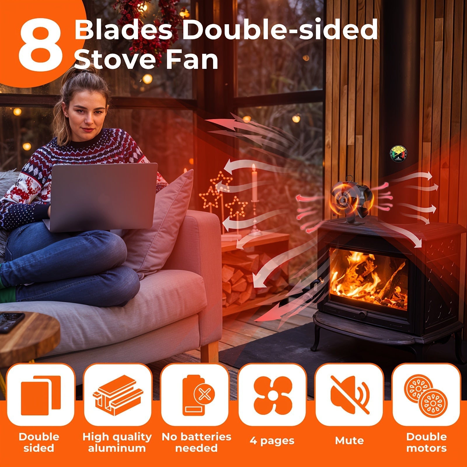 Double Sided Wood Burning Stove Fan with Quiet Motor and 4 Blades for Heat Distribution