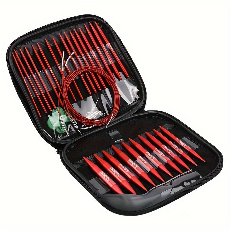 Knitting Needles Set with Adjustable Circular Needles in Red for Sweaters and Scarves