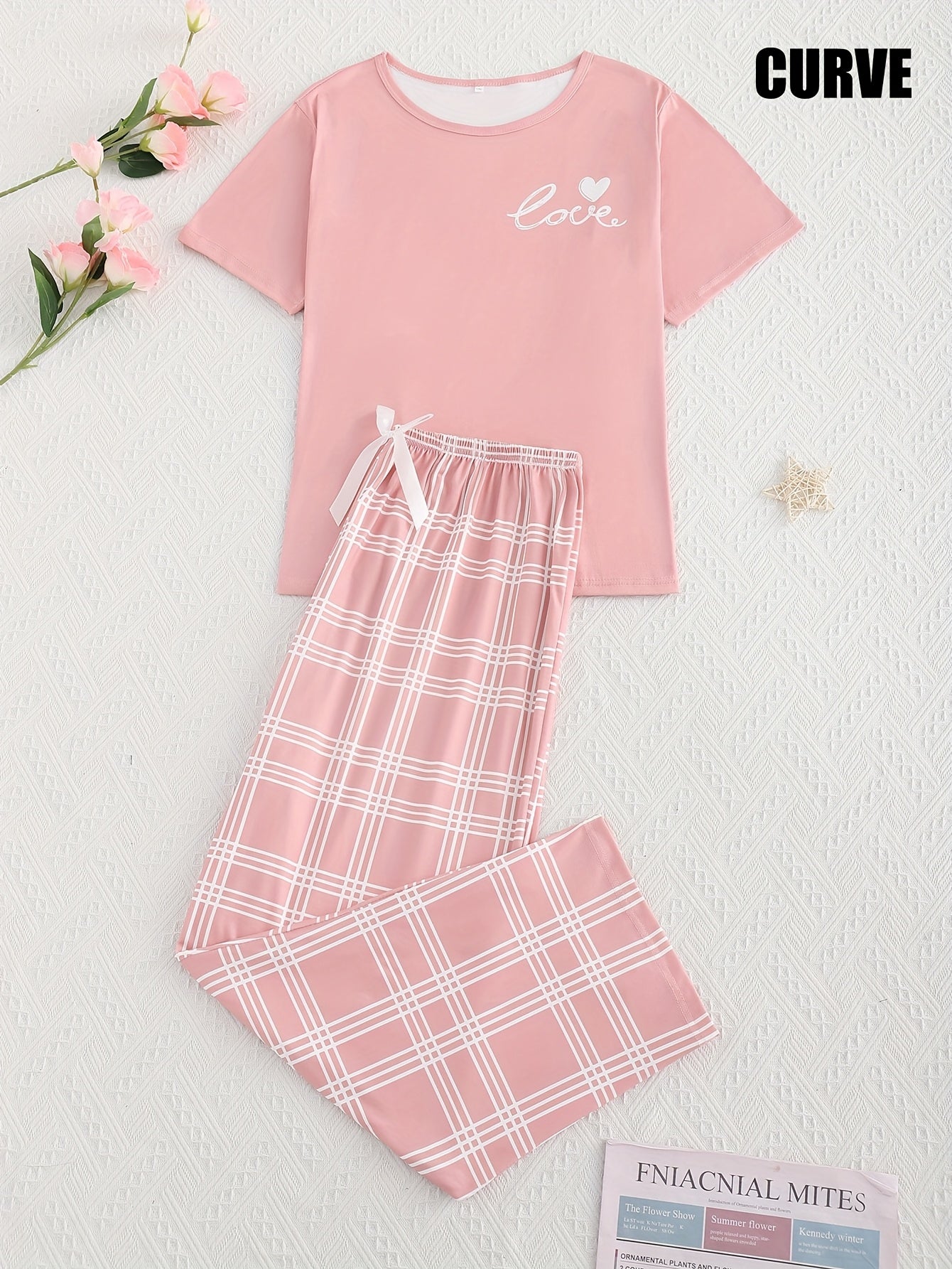 Plus Size Women's Pajama Set Heart Print Short Sleeve Top Plaid Pants