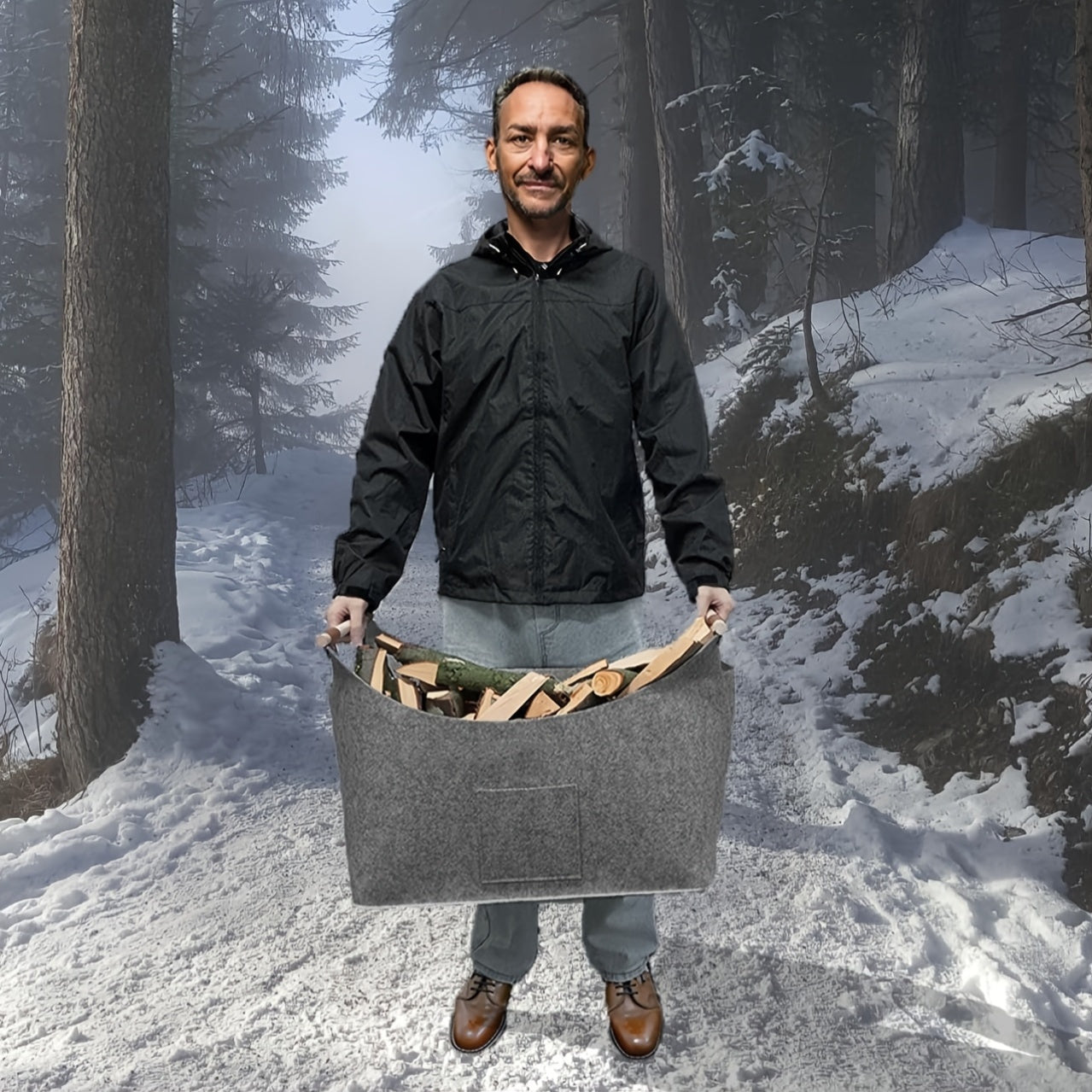 Складной и прочный светло-серый органайзер для покупок, дров, газет и дров с усиленной деревянной ручкой - 1 шт., корзина для хранения дров из очень толстого фетра