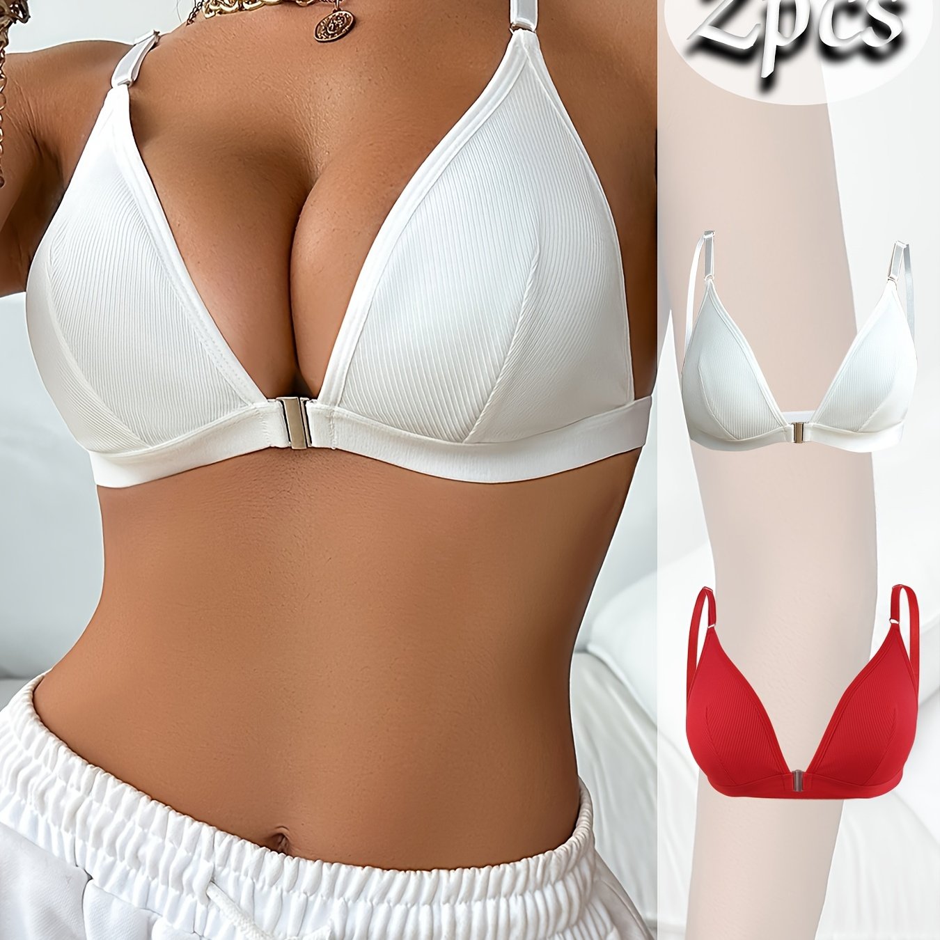 2-Pack Women's Push Up Bras Wireless Solid Color Knit Fabric Black White