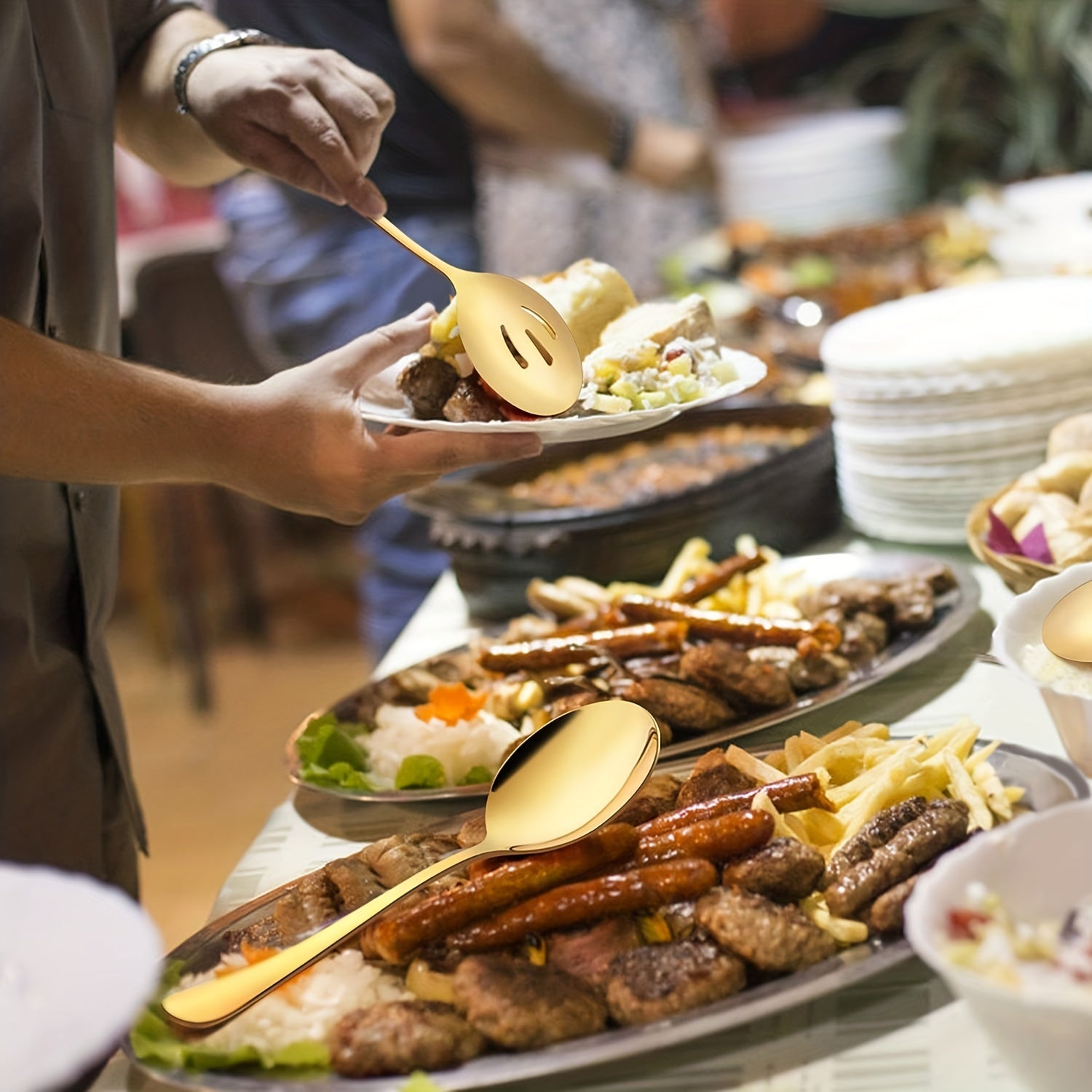 Juego de 4/6/8 piezas de utensilios de servicio de acero inoxidable, cucharas de buffet, cucharas ranuradas, apto para lavavajillas