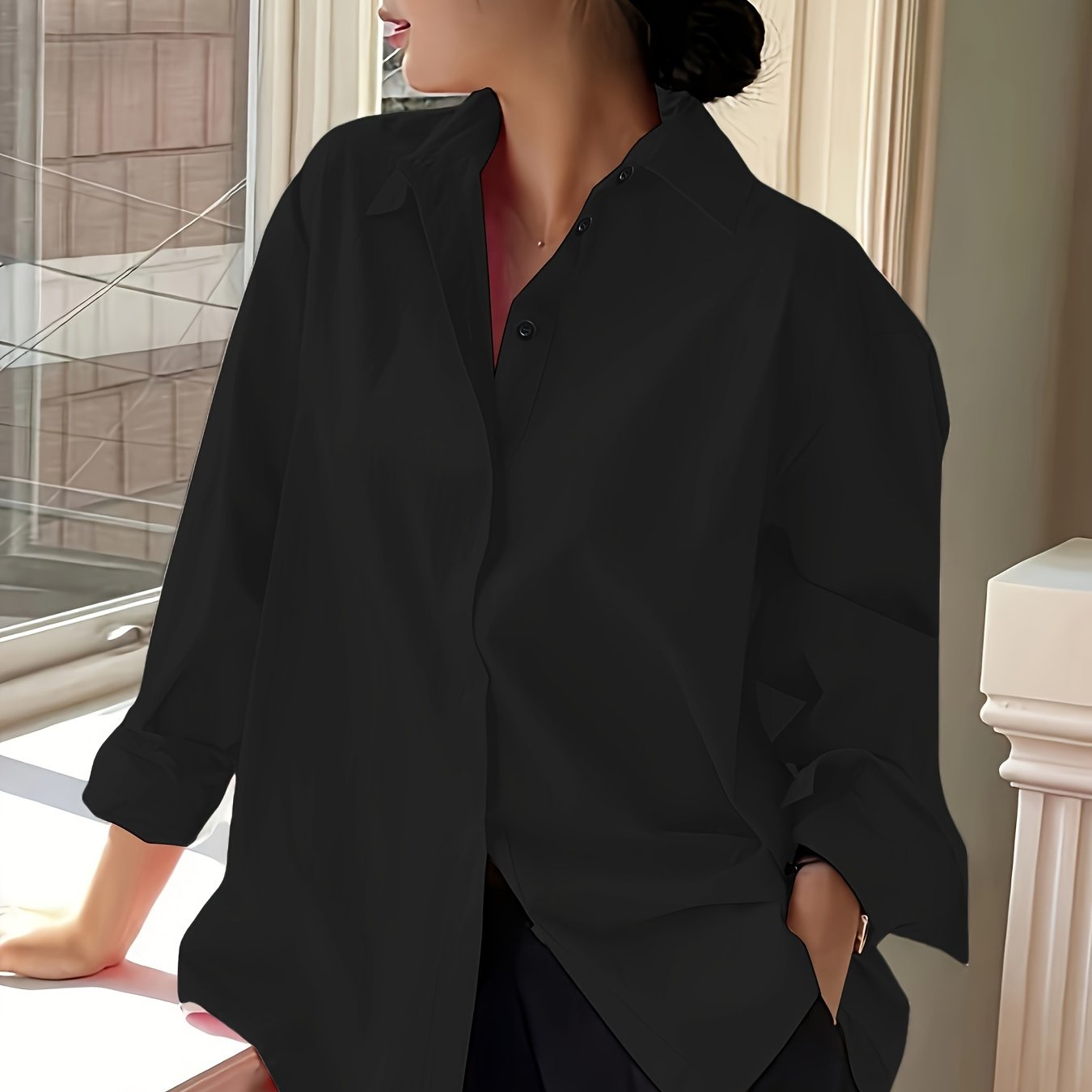 Блузка для женщин больших размеров делового стиля с длинным рукавом, лацканом, пуговицами, однотонная, из полиэстера, тканая, для всех сезонов