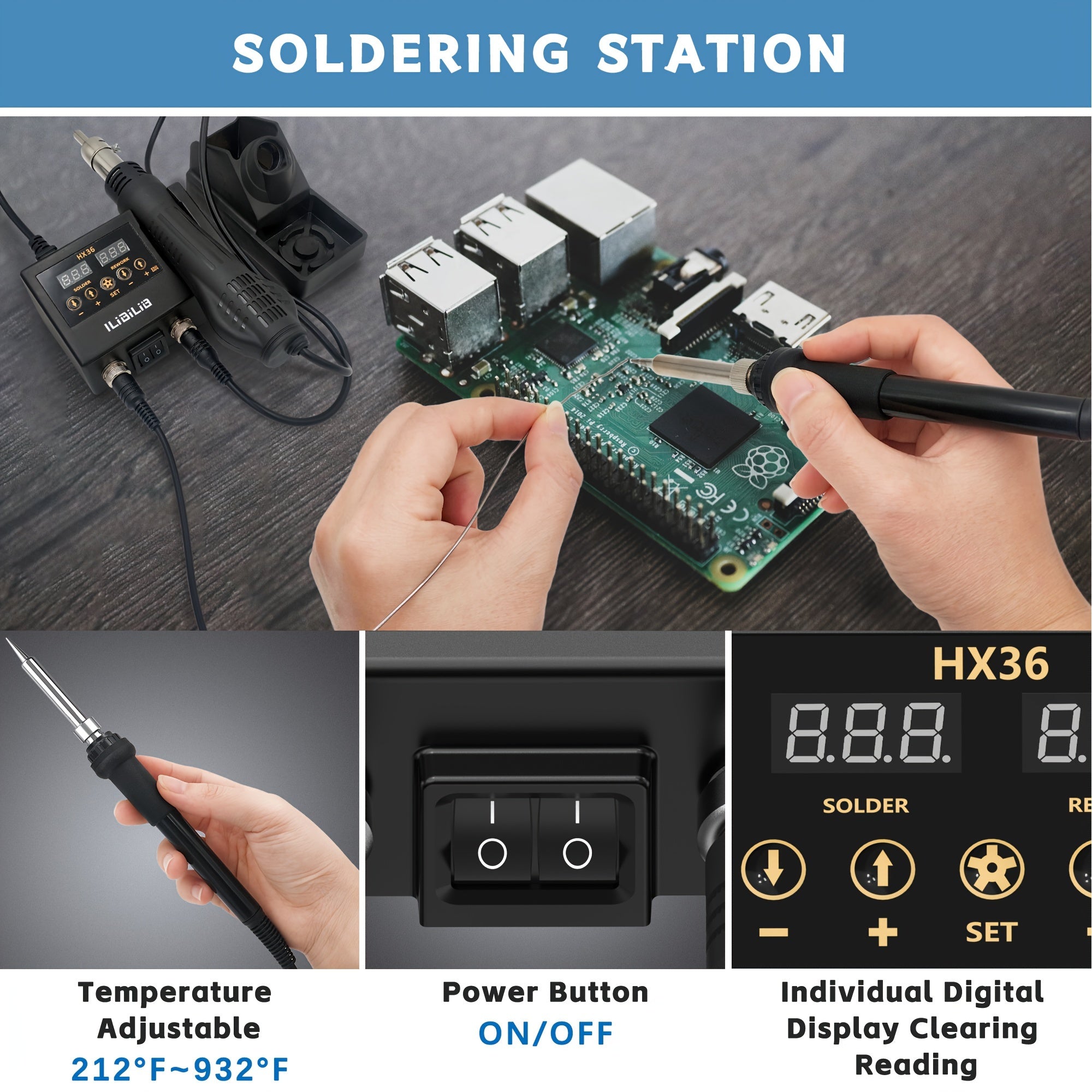 2-in-1 Rework Soldering Station Kit with Hot Air and Iron, Digital Temperature Control, 3 Nozzles, Anti-Static Tweezers, Slip-Resistant Design