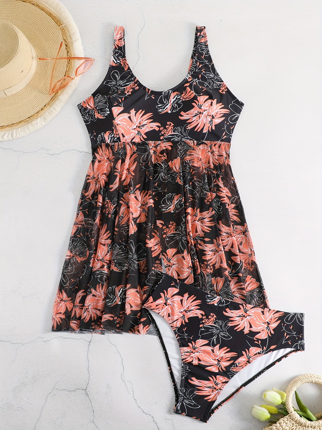 Большой цветочный танкини для женщин из высокоэластичной полиэстеровой ткани