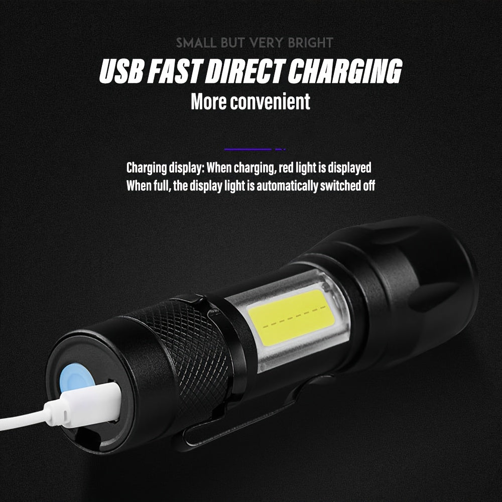 Mini LED Flashlight Rechargeable Portable Work Light with Zoom COB Side Light for Camping Hiking Outdoor