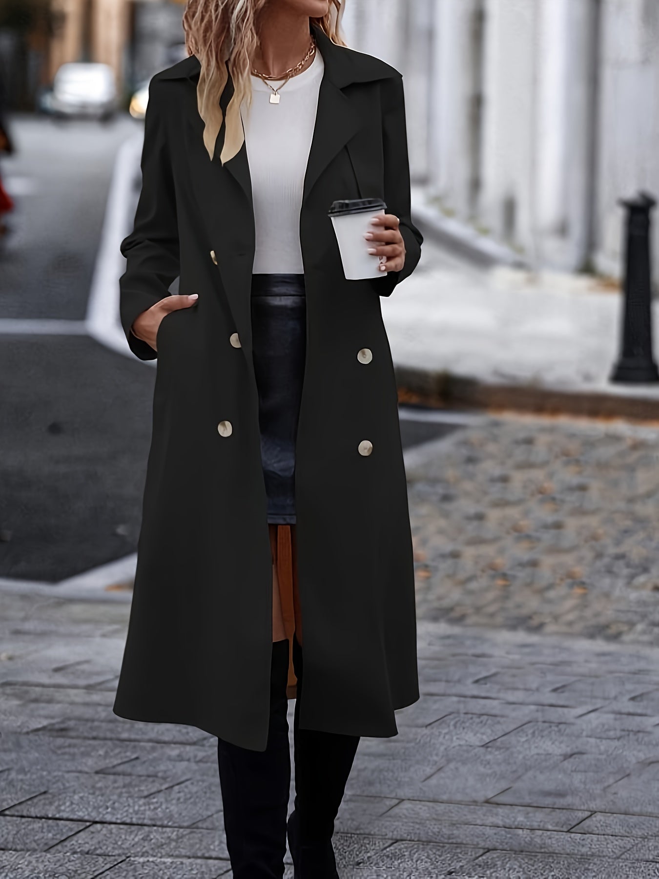 Women's Long Sleeve Belted Trench Coat with Double Buttons and Pockets