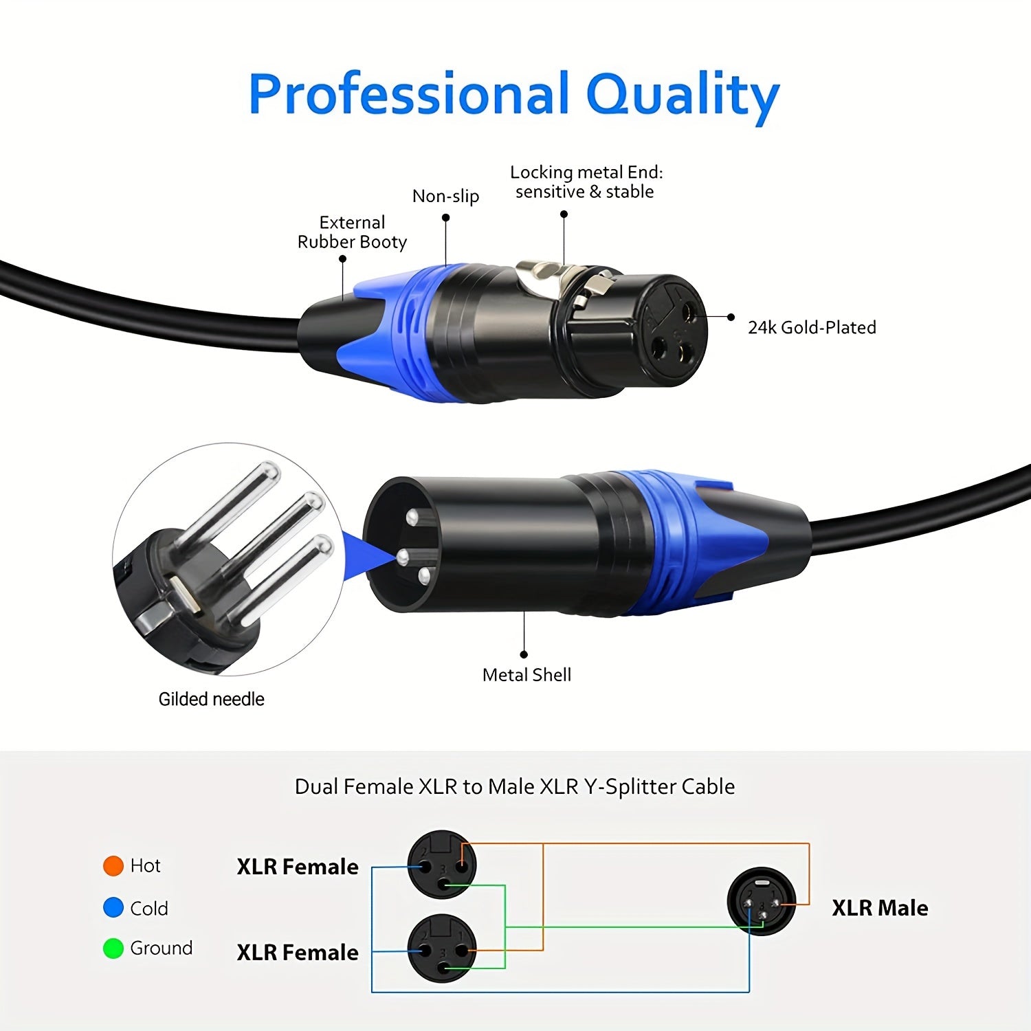 3-Pin XLR Female to Dual XLR Male Y-Splitter Cable for Stereo Microphone Balanced Audio