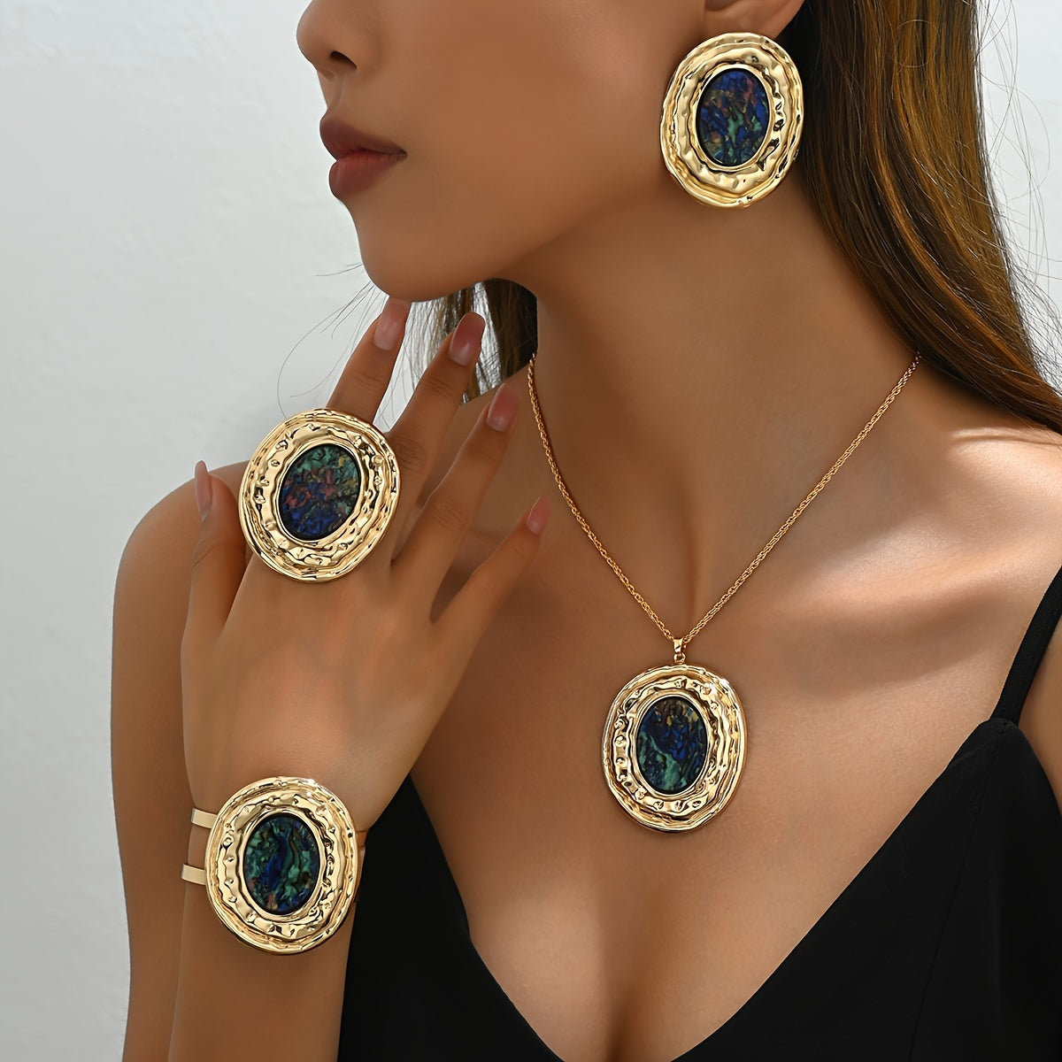 Conjunto de joyería de concha de abulón bohemio: collar, pulsera, anillo y pendientes para mujer