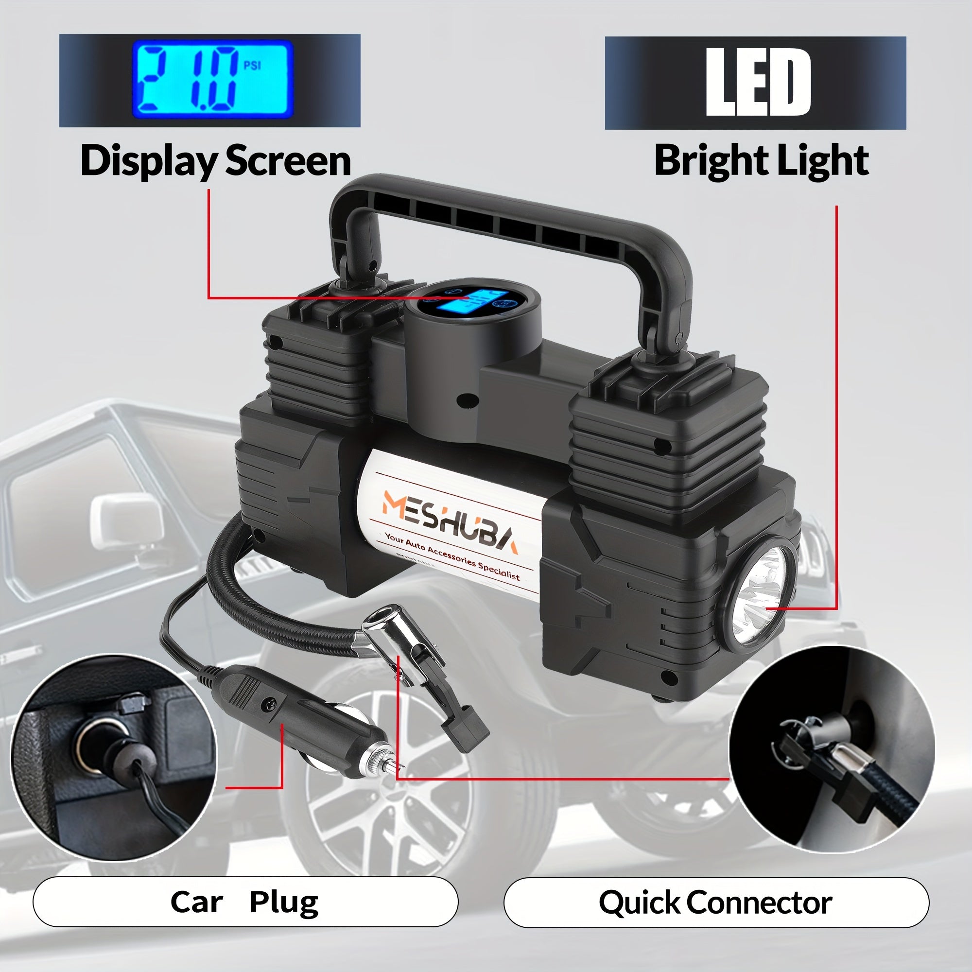 12V портатив шинни надув компрессори рақамли ўлчовгач, LED ёруғи, машина, велосипед, мотоцикл учун
