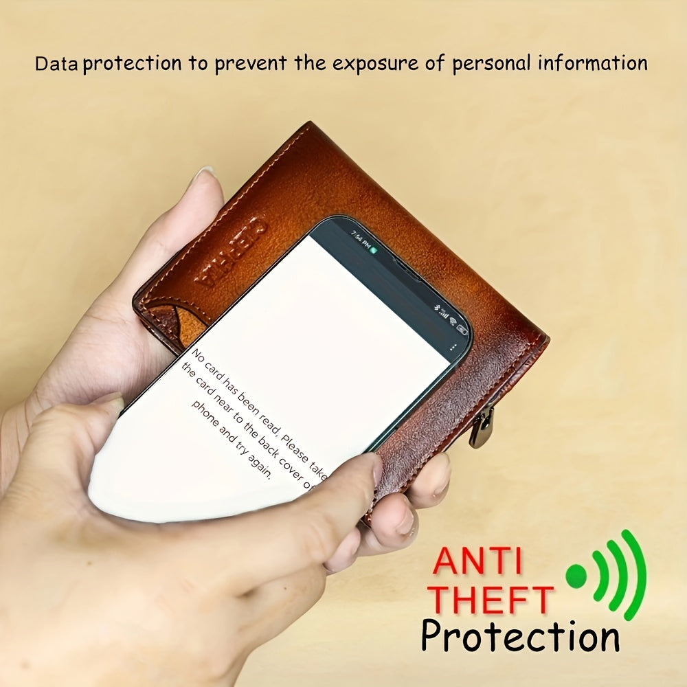 Men's Genuine Leather Wallet RFID Blocking Zipper Coin Pocket Vintage Dark Brown