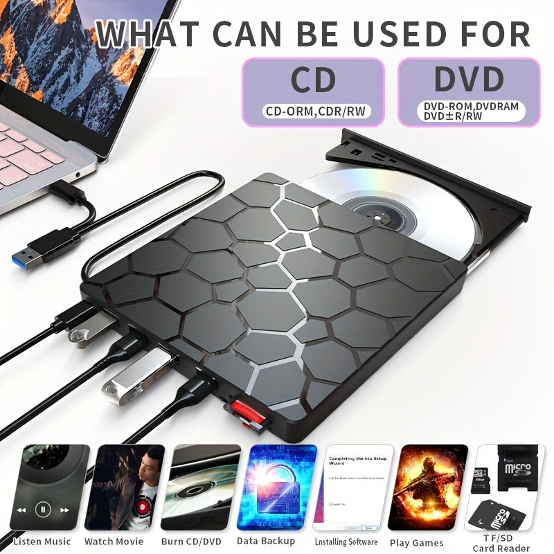 External USB 3.0 CD/DVD Drive for Laptops Hexagonal Design Supports CD VCD DVD Playback and Burning