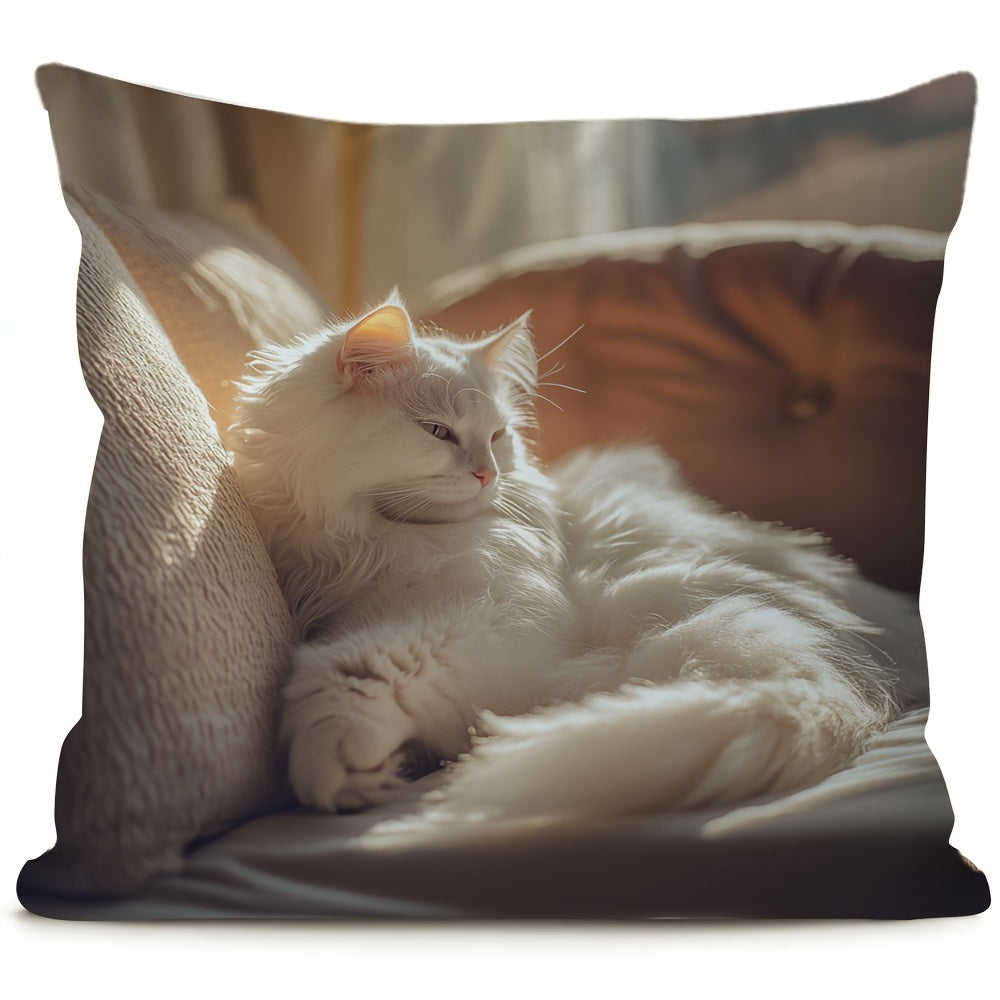 White Cat Print Cushion Cover Reversible Polyester Farmhouse Style Home Decor