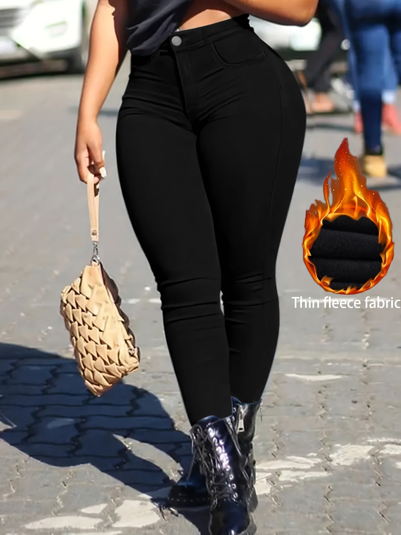 Ayollar uchun kattaroq o'lchamli fleece-ichki yupqa fit jinsilar, issiq qishli, bir rangli