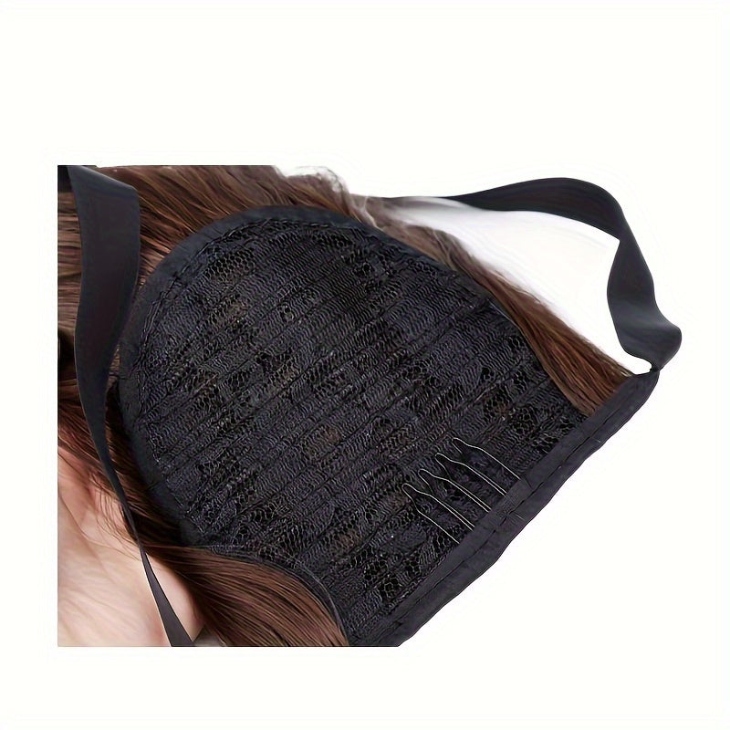 Yuqori haroratli sintetik sochdan tayyorlangan, lenta bilan bog'langan zamonaviy jigarrang ponytail parik, barcha ayollar uchun mukammal.