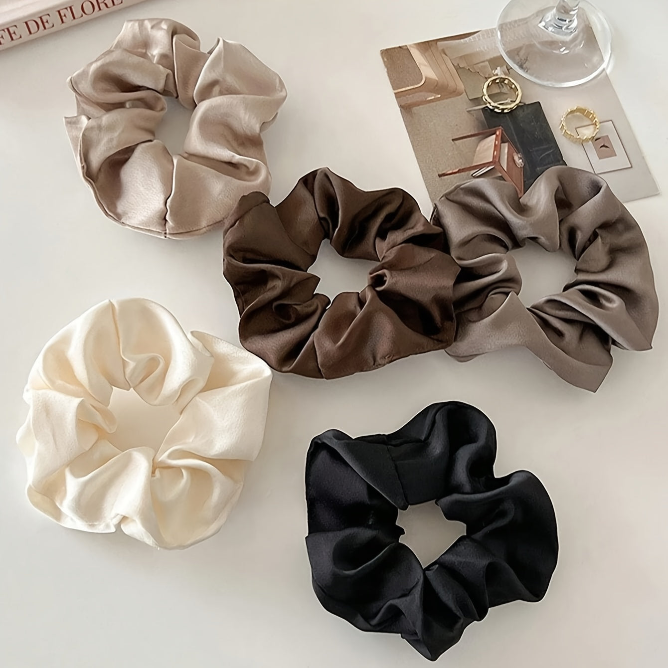 Set of 5 Elegant Fabric Hair Scrunchies in Black White and Brown for All Ages