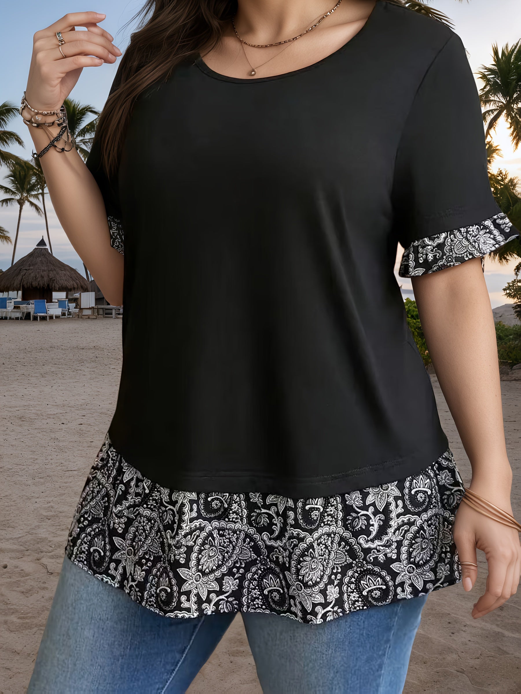 Plus Size Floral T-Shirt for Women Black Paisley Short Sleeve Ruffled Hem