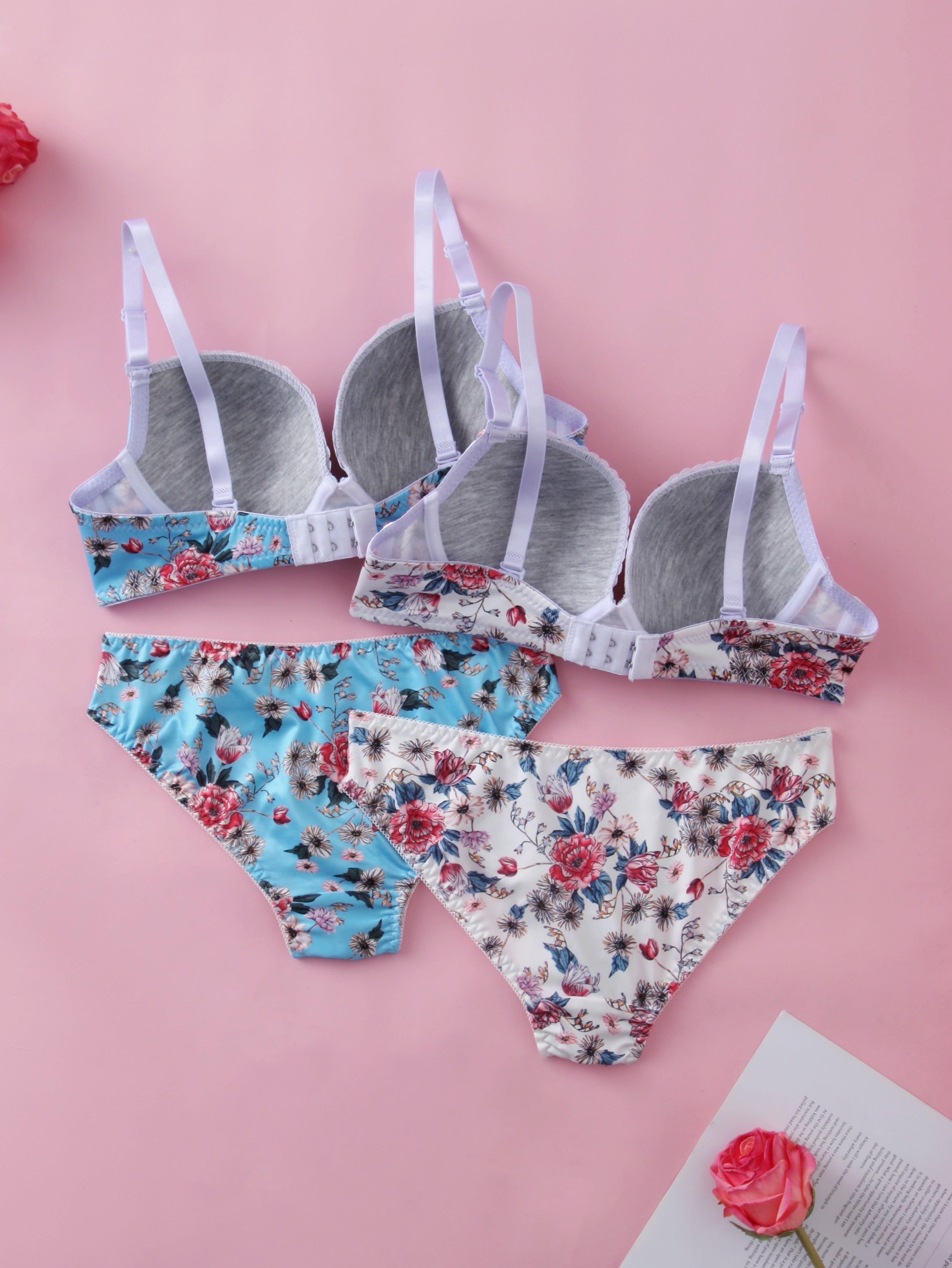 Floral Print Lingerie Bra Set with Steel Ring Detail for Women