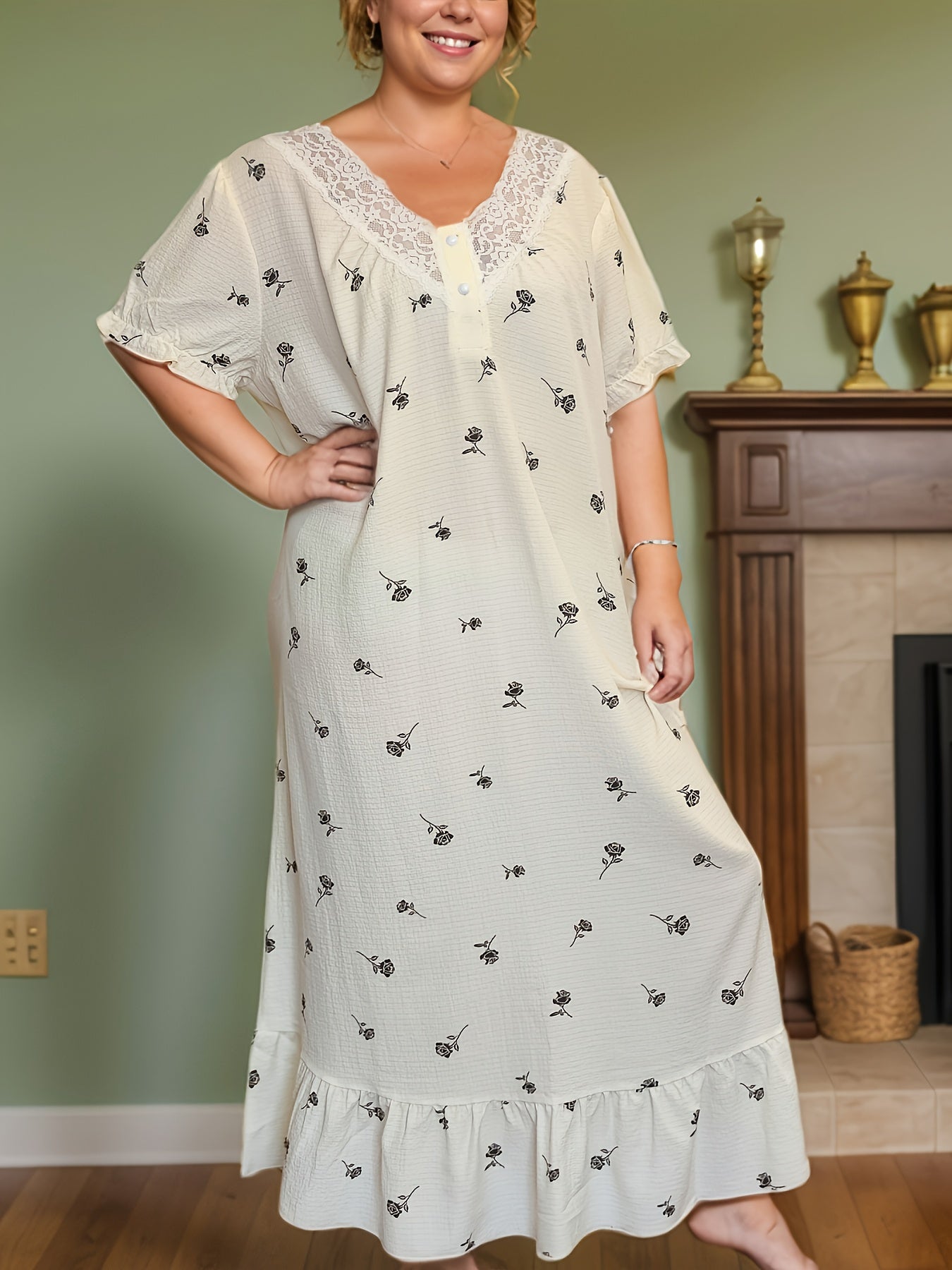 Plus Size White Lace Floral Print Nightgown Short Sleeve V-Neck