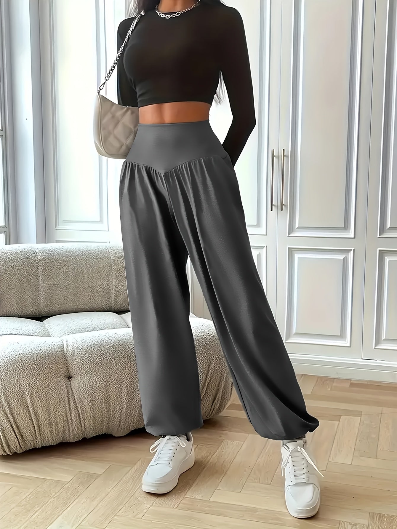 Women's High Waist Polyester Knit Sports Pants Quick-Dry Yoga Joggers for Adults