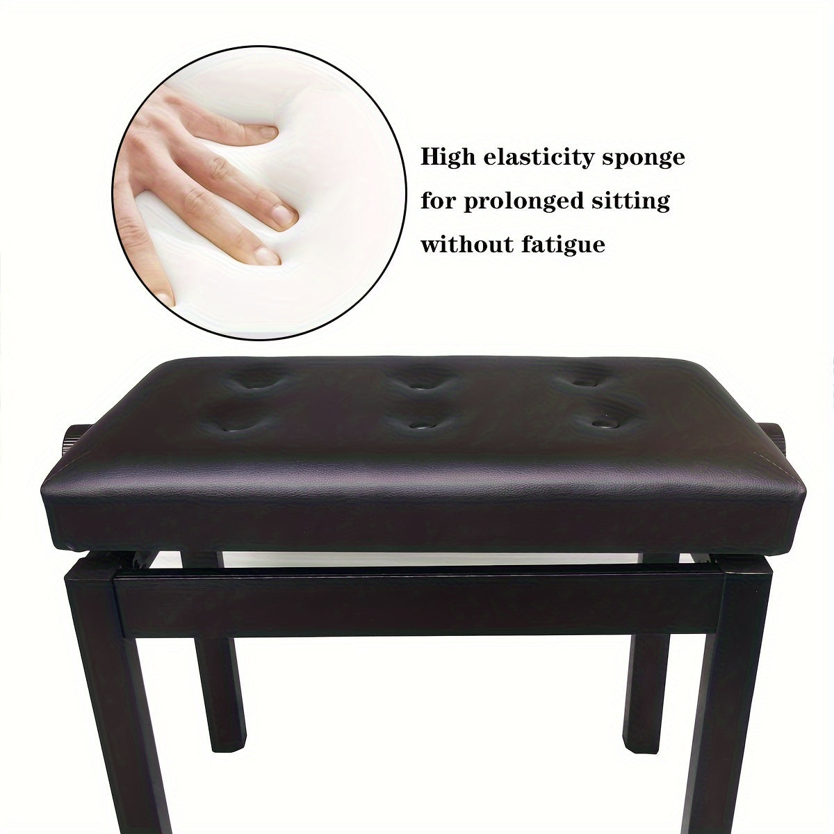 Adjustable Height Black Piano Stool with Button-Tufted Cushion and Wooden Frame