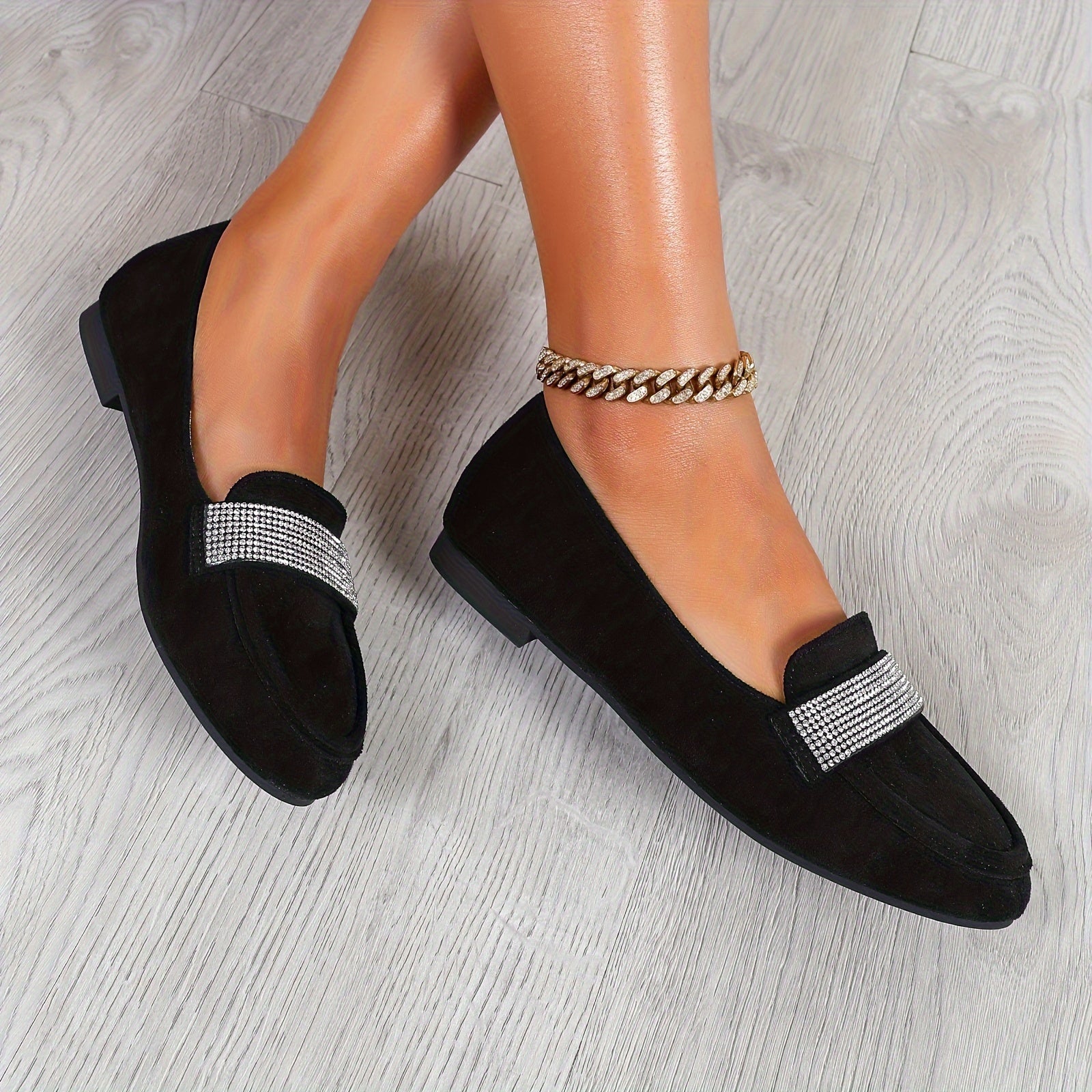 Women's Solid Color Rhinestone Flats with Breathable Fabric Slip-On Shoes