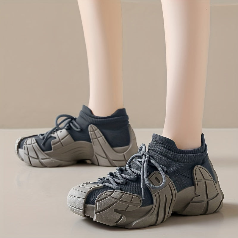 Women's Breathable Knit Sneakers Octopus Design Low-Top Lace-Up Shoes Navy Blue Grey