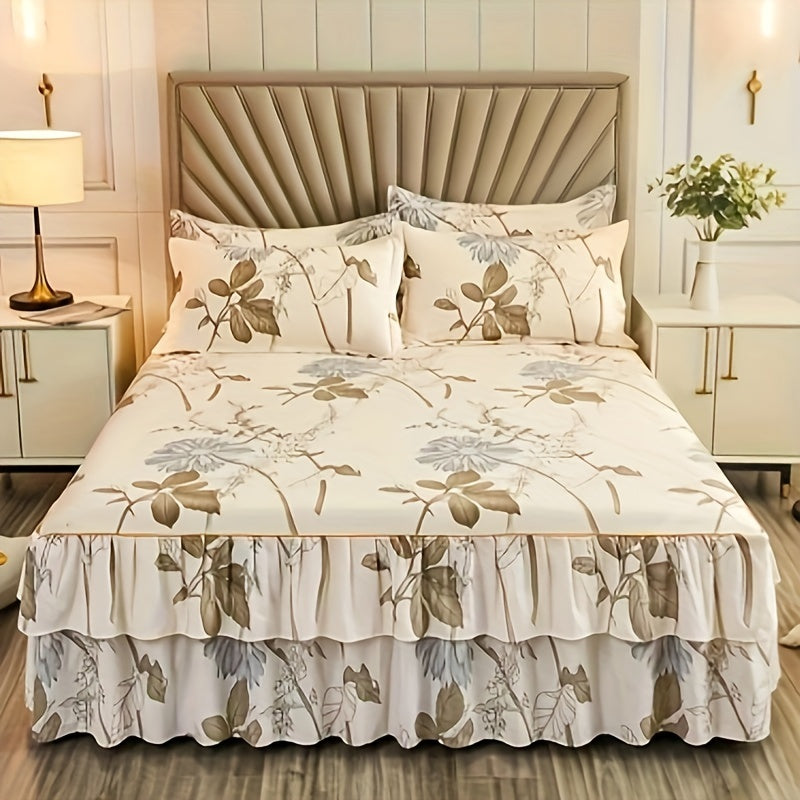 Contemporary Floral Bedding Set with Ruffle Skirt and Pillowcases Polyester Fiber Woven Active Printing