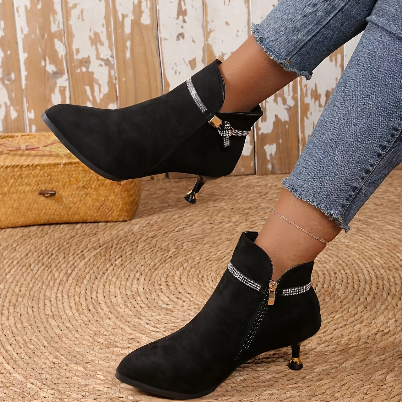 Women's Velour Metal Buckle Ankle Boots with Pointed Mid-Heels