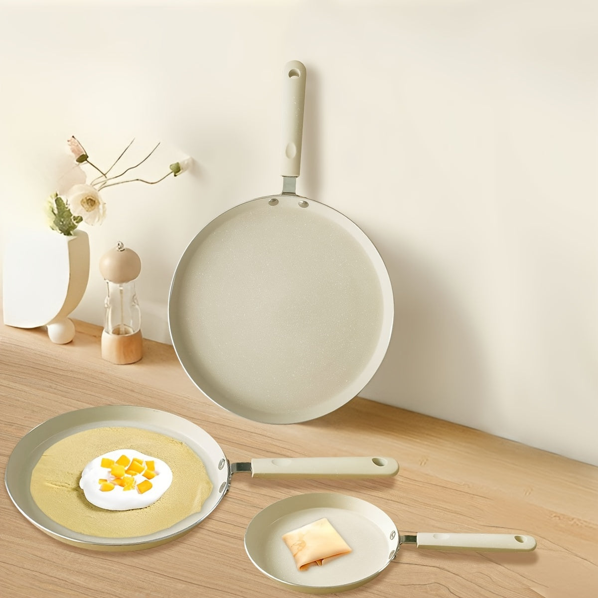 Gaz, elektr va induksiya uchun bej Maifan toshi va yog'och tutqichli yopishmaydigan krepe panlar to'plami