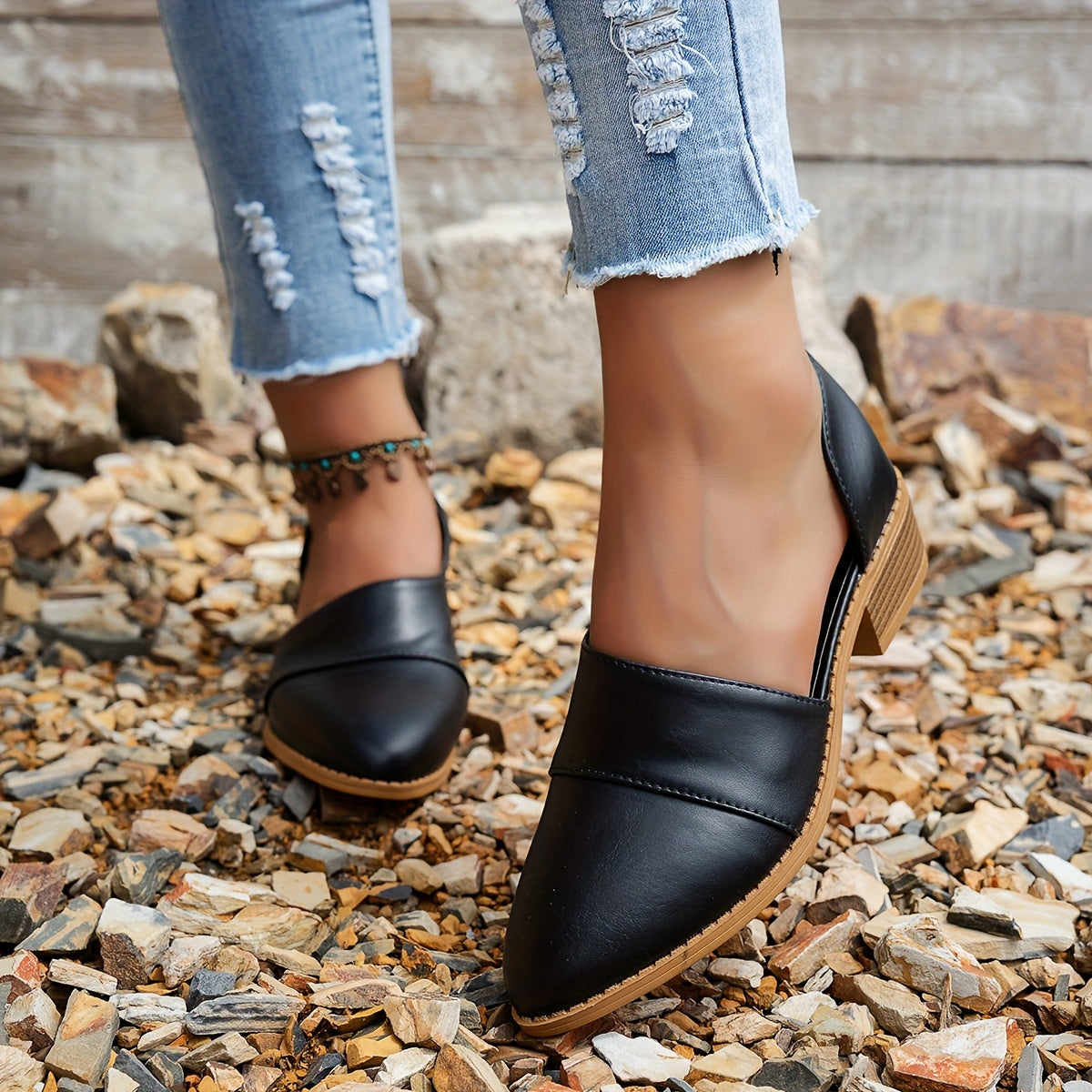 Women's Patchwork Low Heel Pumps with Chunky Heel and Side Cutouts