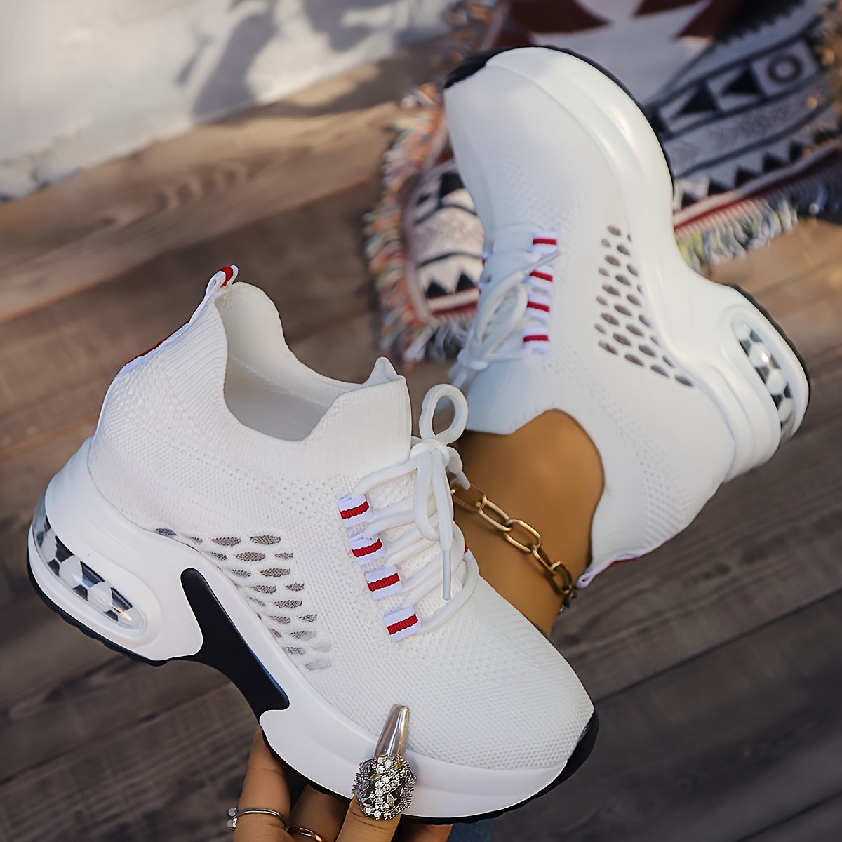 Women's White Knit Chunky Sneakers Low Top Breathable Casual Shoes