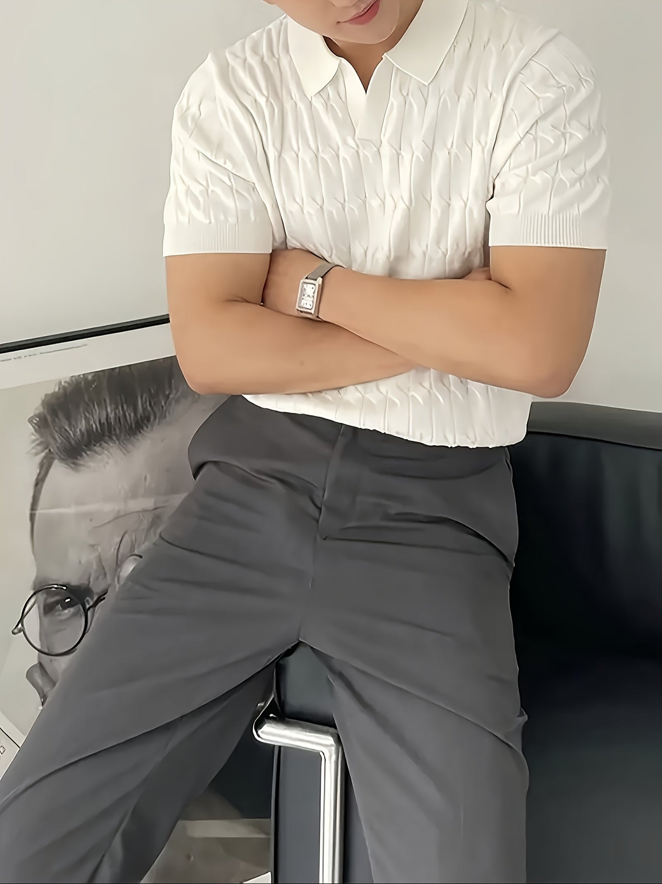 Мужской вязаный гольф-свитер с коротким рукавом, геометрический принт, весна, осень, повседневный