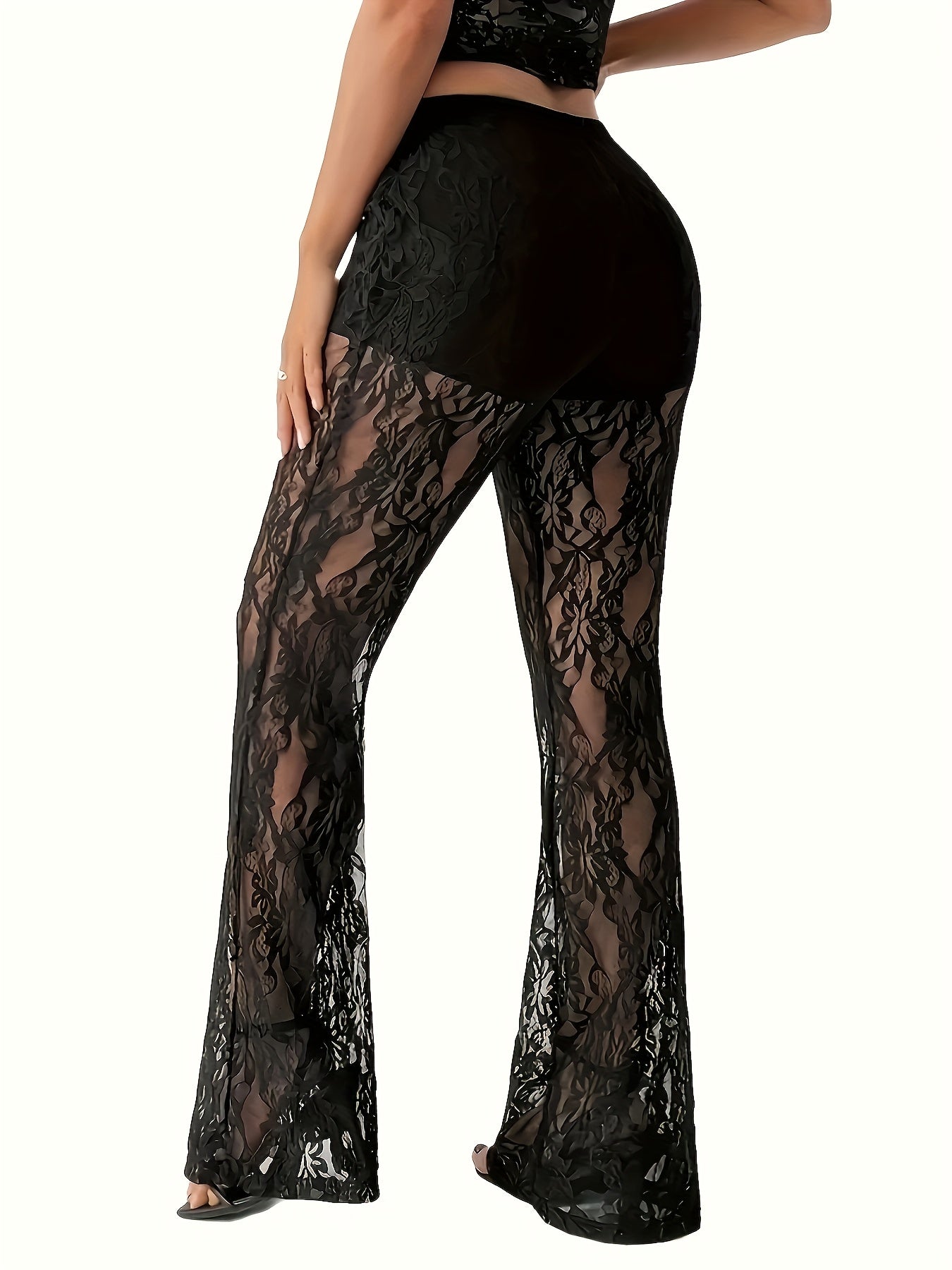 Plus Size Women's Flared Leg Pants Black High Waist Lace Detail Evening Wear