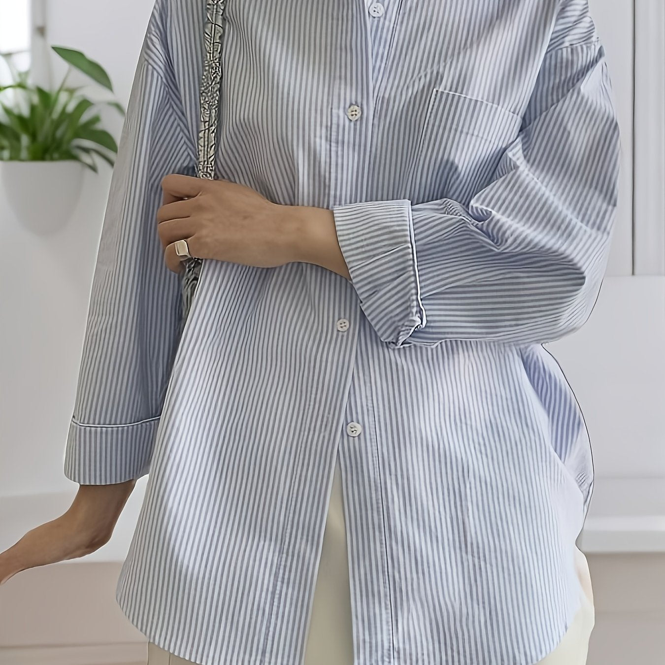 Women's Striped Polyester Shirt with Front Buttons and Polo Collar for Spring Summer