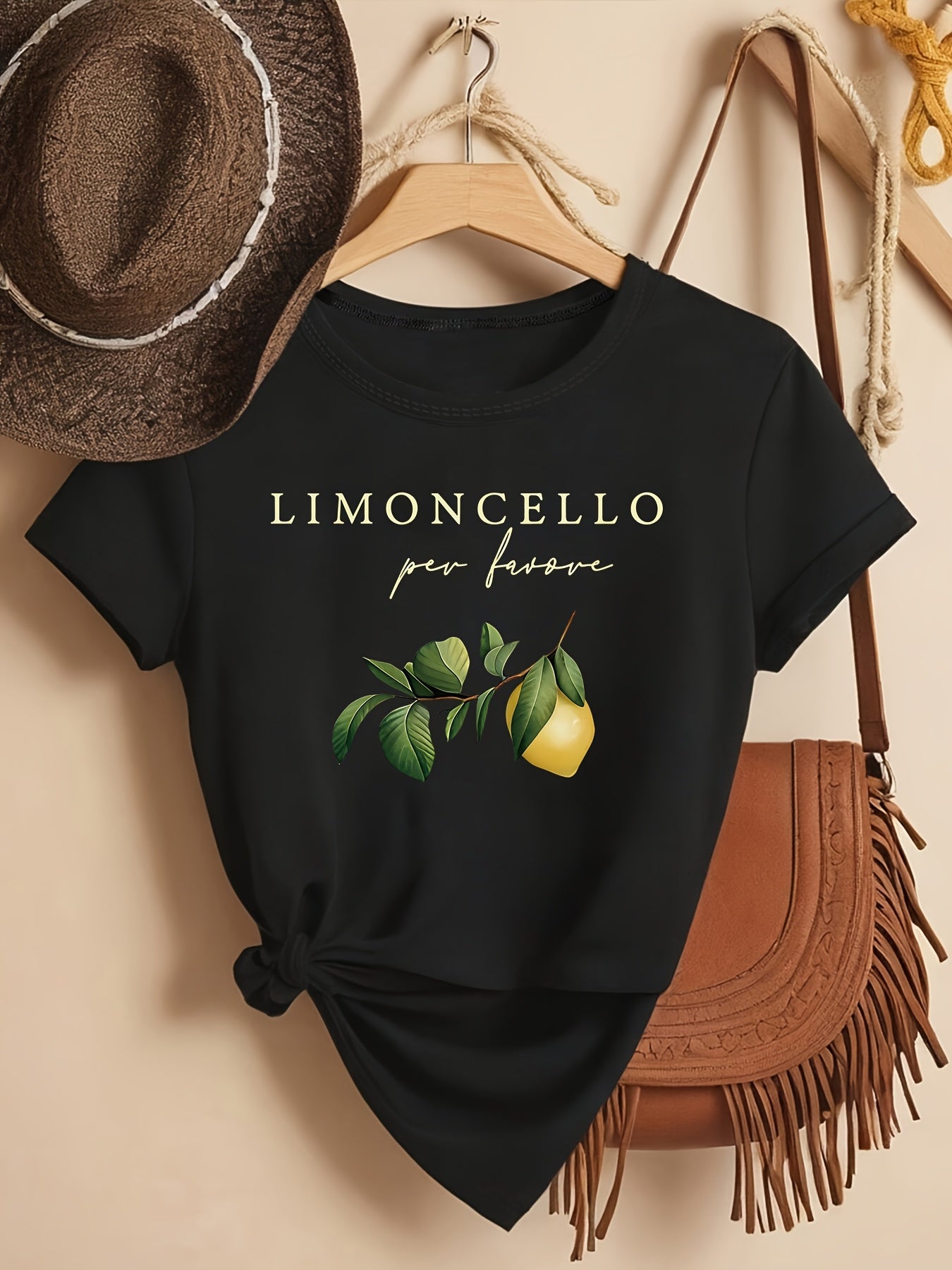 Plus Size Women's Lemon Graphic T-Shirt Black Crew Neck Short Sleeve Casual