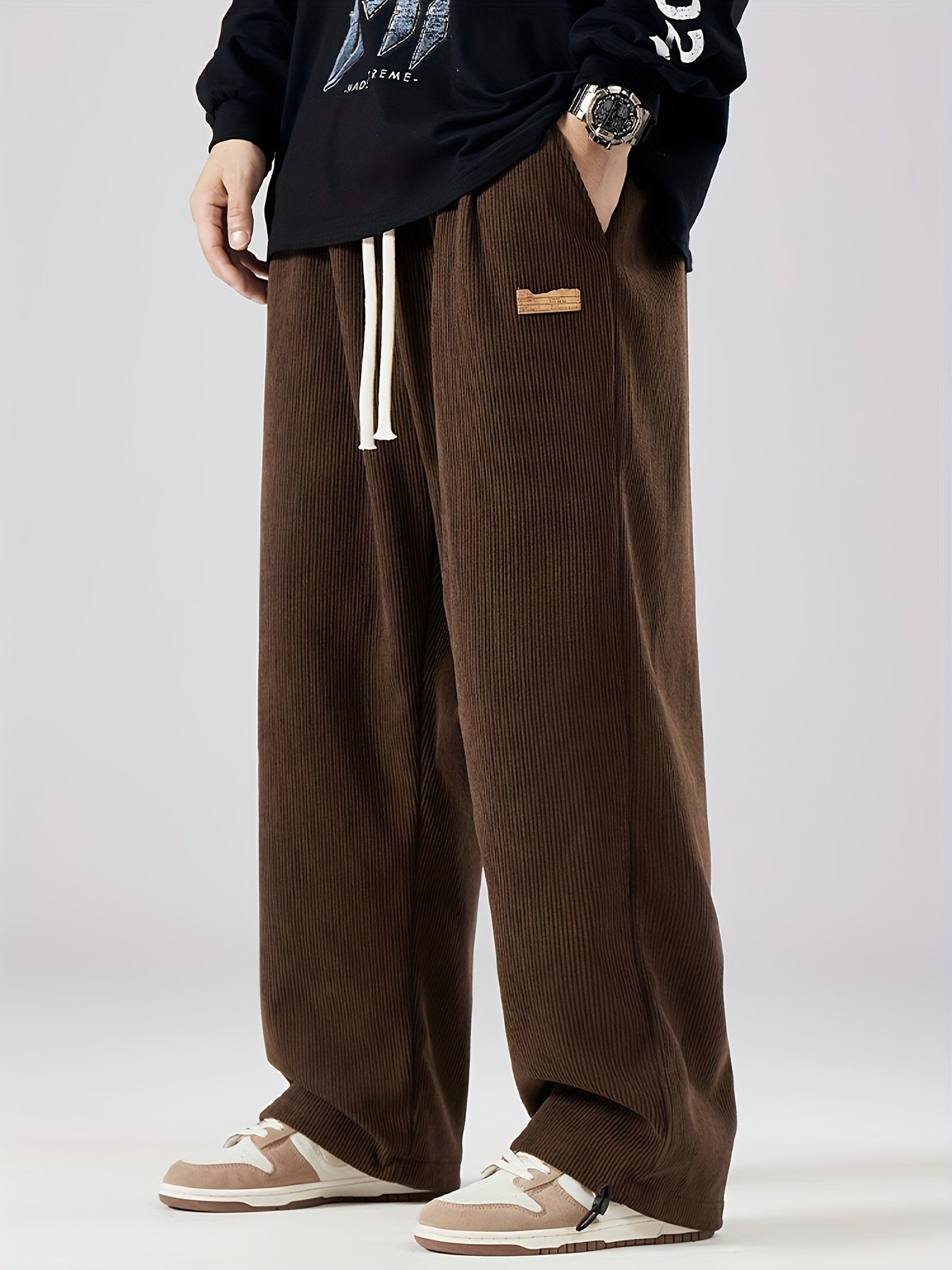 Pantalones de invierno de talla grande para hombre, casual, con patrón geométrico, tela de punto elástica, corte holgado