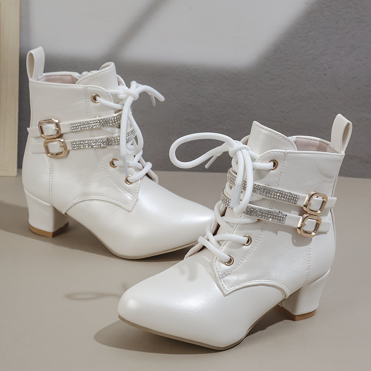 Women's Faux Leather Block Heel Boots with Buckles Zipper Pointed Toe