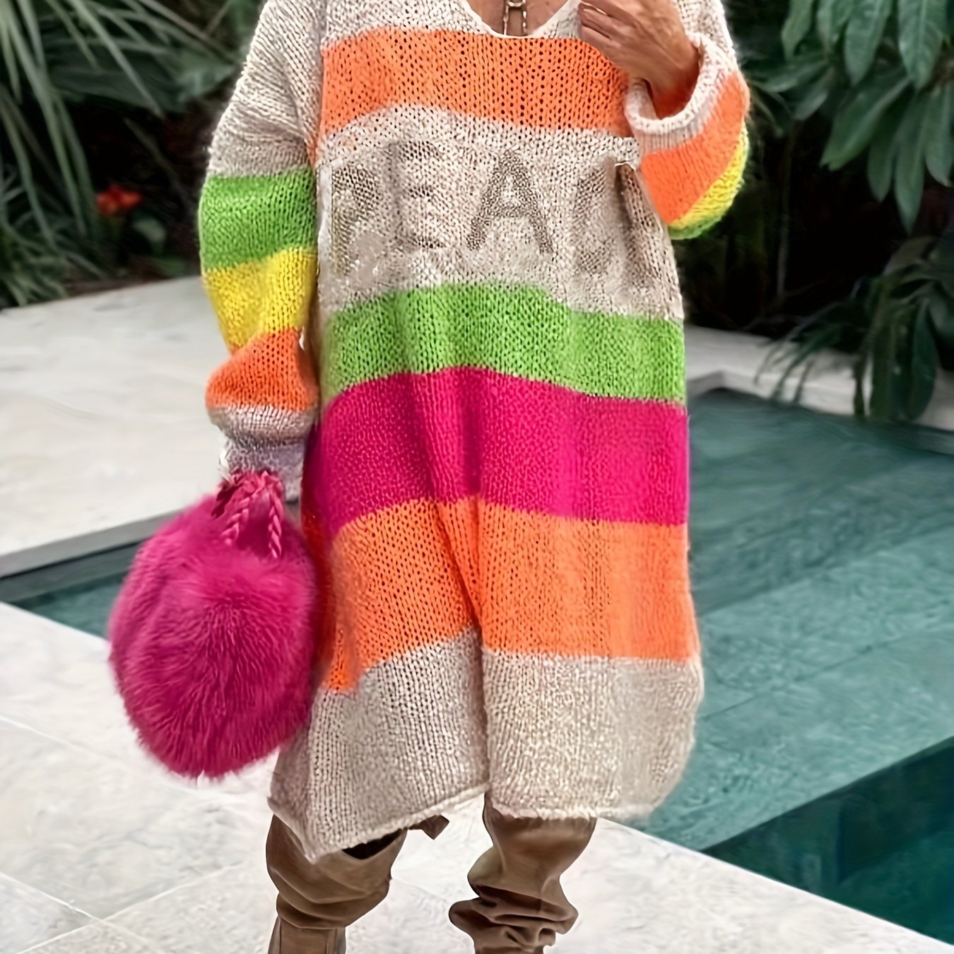 Vestido de punto con escote en V para mujer talla grande con rayas coloridas, casual, oversize, para otoño e invierno