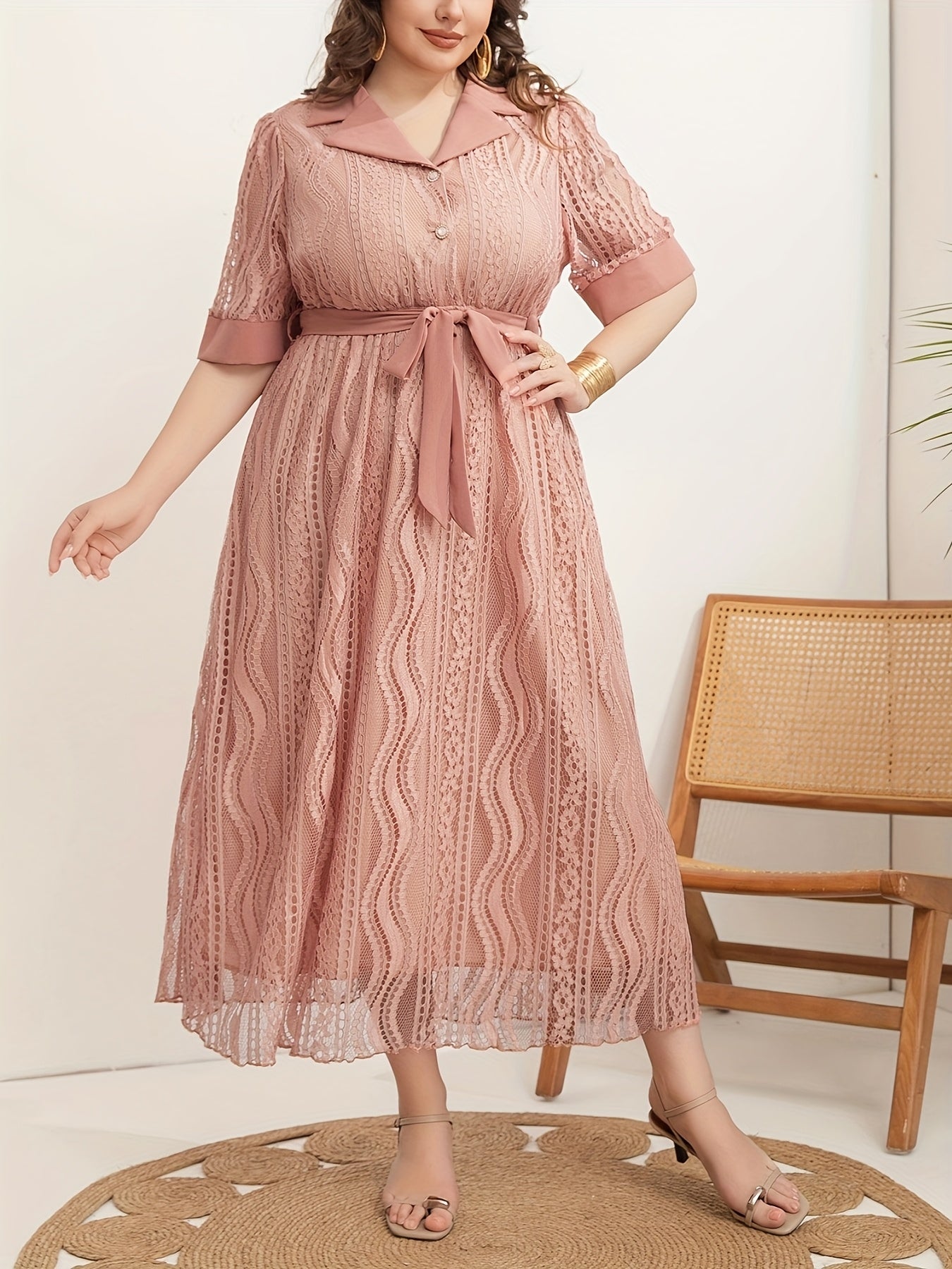 Women's Polyester V-Neck Tunic Dress Belted Solid Color Plus Size